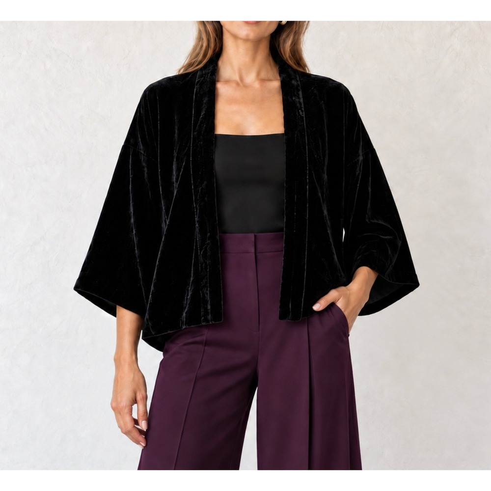 Zara Black Velvet Kimono Jacket Open Sleeve Oversized Wrap - XS S